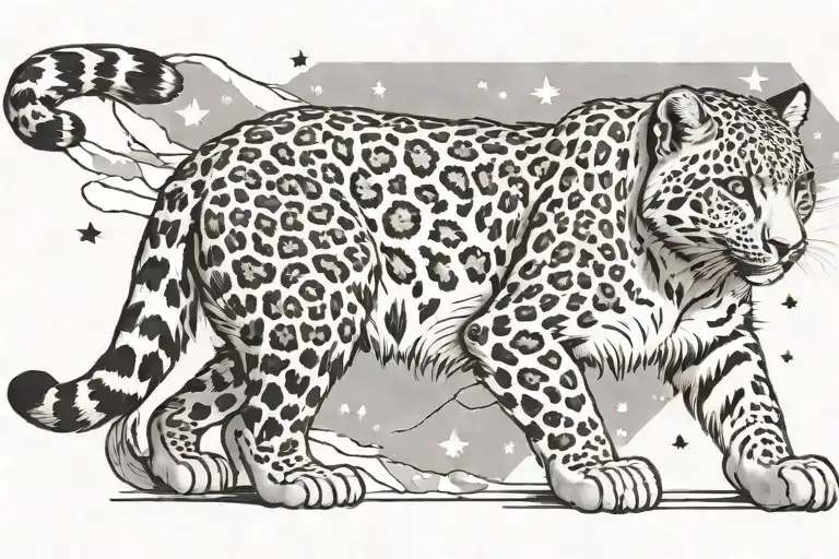 side view of the full body of a snow leopard with its spots replaced by stars tattoo design idea