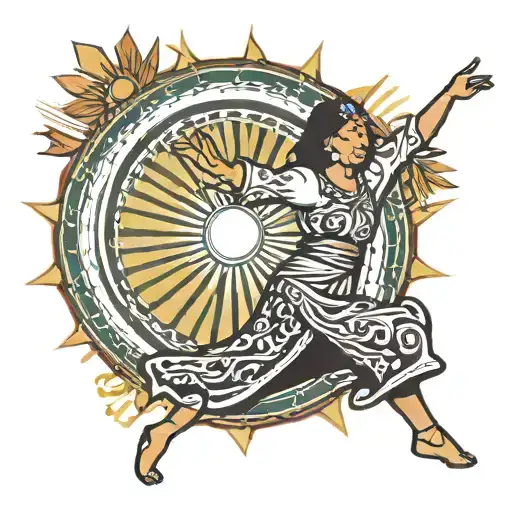 Woman dancing in a Filipiana dress, arms outstretched, one leg lifted, Sunburst logo of the Philippines behind her.  tattoo design idea
