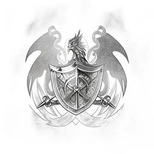 Left shoulder tattoo of a knight’s shoulder armor including chain mail and leather.  A phoenix should be in the middle a tattoo design idea