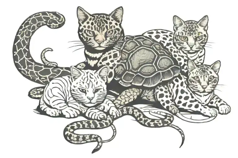 2 cats, one dog, one tortoise, and one snake laying down next to eachother  tattoo design idea