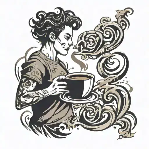 A tattoo design featuring a person taking a leisurely stroll with a cup of coffee in hand, incorporating elements of smoke swirling around them tattoo design idea