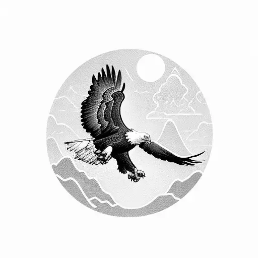 A blackwork tattoo of a bald eagle soaring over a mountain landscape tattoo design idea