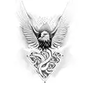A blackwork tattoo of a bald eagle with snake tattoo design idea