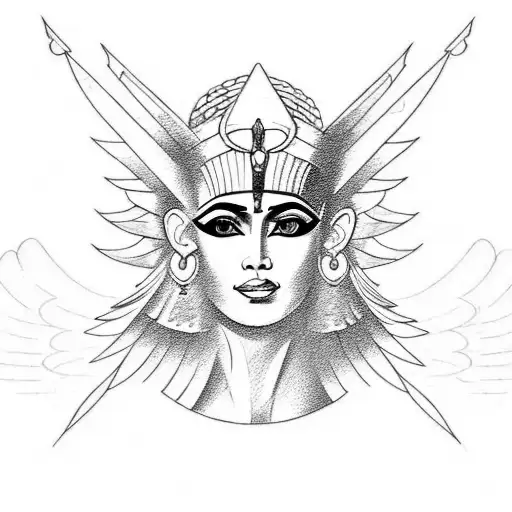 A sketch-style tattoo of the Egyptian goddess Isis surrounded by elements of nature and spirituality tattoo design idea