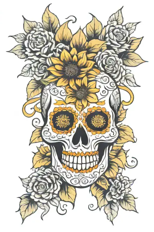 sugar skull and sunflowers blooming tattoo design idea