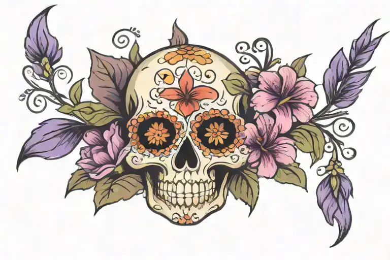 sugar skull and wildflowers holding a purple lily tattoo design idea