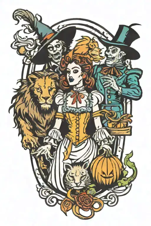 Dorthy, scarecrow, Tin Man and lion being overlooked by the wicked witch  tattoo design idea