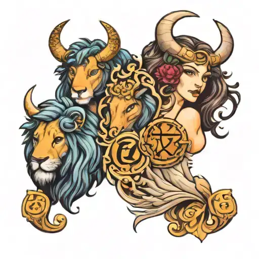sleeve tattoo featuring Gemini, Leo, Libra, and Taurus zodiac sign tattoo design idea