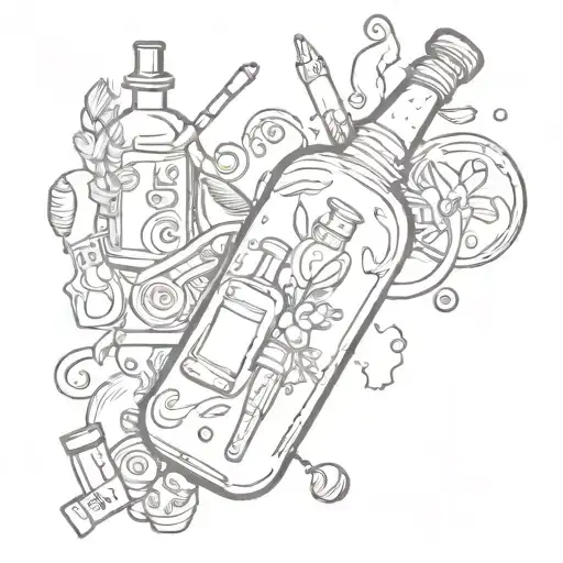 A whimsical and dreamlike tattoo featuring artistic interpretations of drug paraphernalia and alcohol bottles tattoo design idea