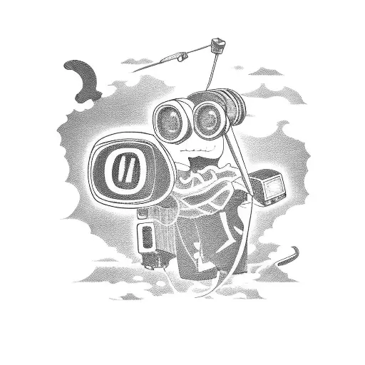 A blackwork tattoo of a vintage television with anime characters coming out of the screen tattoo design idea