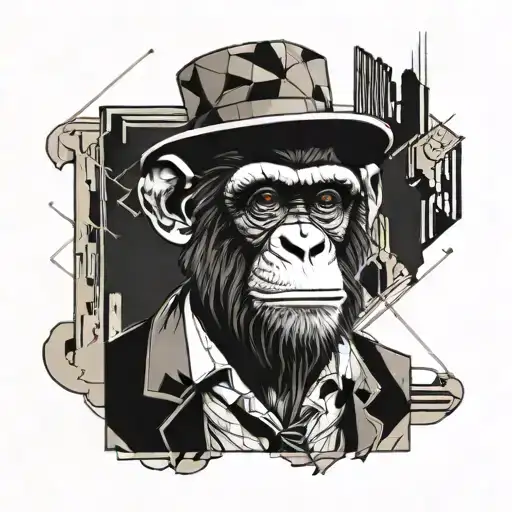 A midshot image of a smart Chimp wearing a bowler hat in a destroyed dystopian fractal cityscape. tattoo design idea