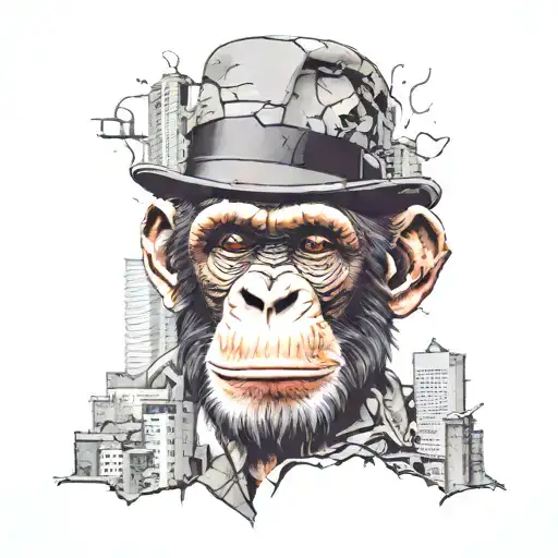A midshot image of a smart Chimp wearing a bowler hat in a destroyed dystopian fractal cityscape. tattoo design idea