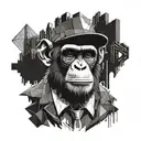A midshot image of a smart Chimp wearing a bowler hat in a destroyed dystopian fractal cityscape. tattoo design idea