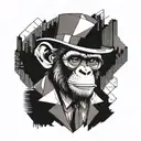 A midshot image of a smart Chimp wearing a bowler hat in a destroyed dystopian fractal cityscape. tattoo design idea