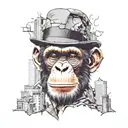 A midshot image of a smart Chimp wearing a bowler hat in a destroyed dystopian fractal cityscape. tattoo design idea