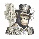 A midshot image of a smart Chimp wearing a bowler hat in a destroyed dystopian fractal cityscape. tattoo design idea