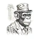 A midshot image of a smart Chimp wearing a bowler hat in a destroyed dystopian fractal cityscape. tattoo design idea