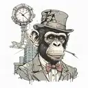 A midshot image of a smart Chimp wearing a bowler hat in a destroyed dystopian fractal cityscape. tattoo design idea