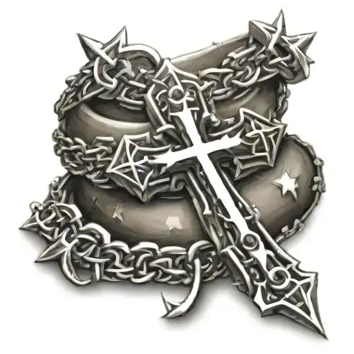chrome cross tattoo with tattooed spiked chain around wrist tattoo design idea