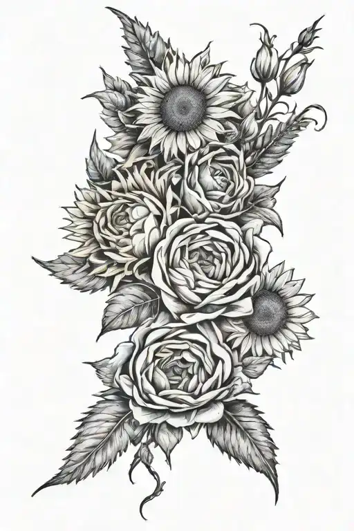 bouquet of roses, sunflowers, aster and chamomile  tattoo design idea