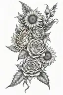 bouquet of roses, sunflowers, aster and chamomile  tattoo design idea