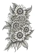 bouquet of roses, sunflowers, aster and chamomile  tattoo design idea
