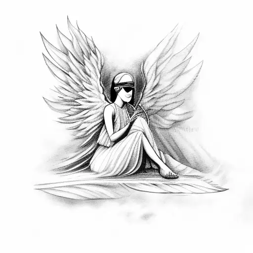 An angel sitting with a blindfold plucking the feathers from one of his wings tattoo design idea