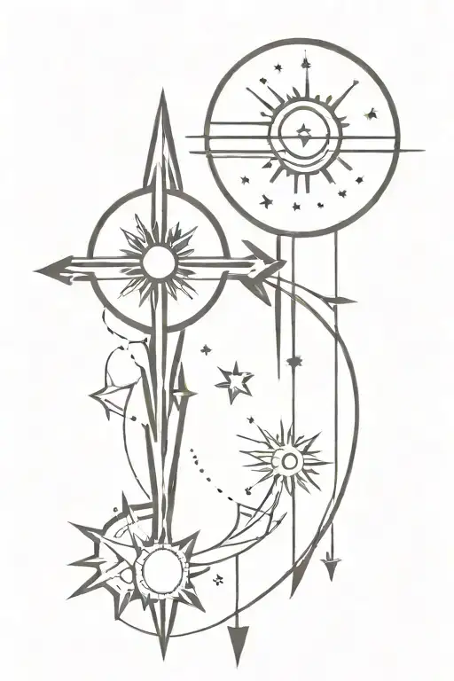 arrow moon and sun star in vertical line with decoration tattoo design idea