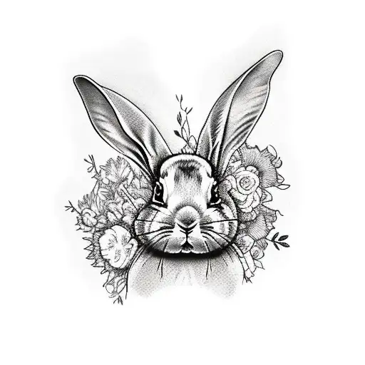 An intricate tattoo of a bunny surrounded by blooming flowers, symbolizing the client's love for their favorite animal and the beauty of God's creation. tattoo design idea