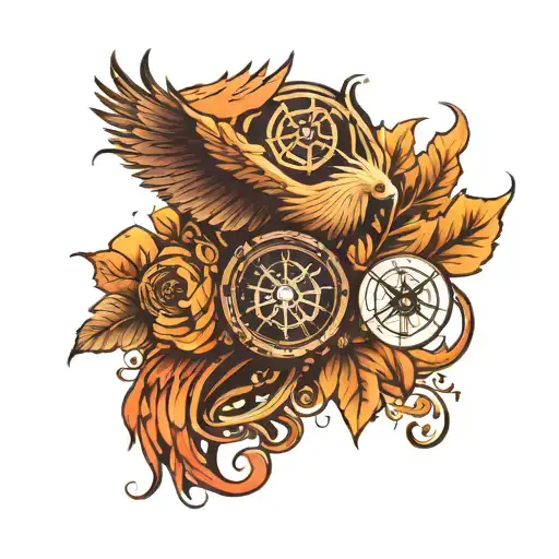 Combine a stylized phoenix and a compass with the phrase “memento mori” to create a tattoo that reflects resilience, dir tattoo design idea