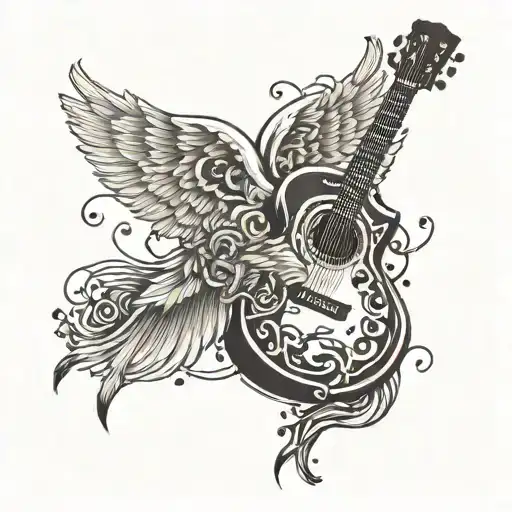 angle wings guitar and musical notes floating grandpa  tattoo design idea