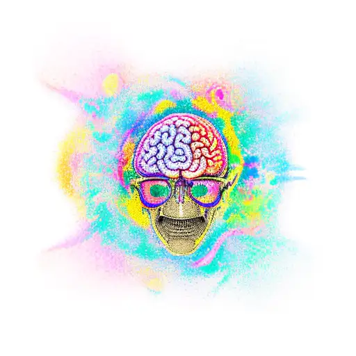 A psychology-themed new-school tattoo featuring a brain with colorful neurotransmitters shaped like beach waves tattoo design idea