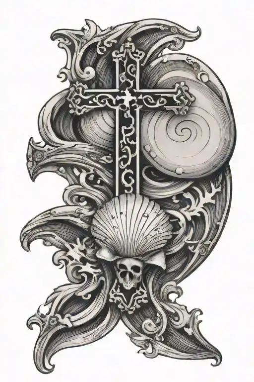 cross surounded by waves and a sea shell tattoo design idea