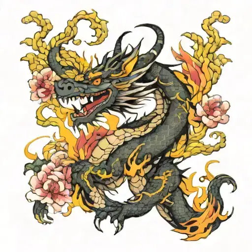 neo traditional blackwork full body dragon with fire and blossoms  tattoo design idea