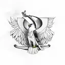 White crowned eagle with wings holding irish harp in his claws tattoo design idea