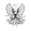 White crowned eagle with wings holding irish harp in his claws tattoo design idea