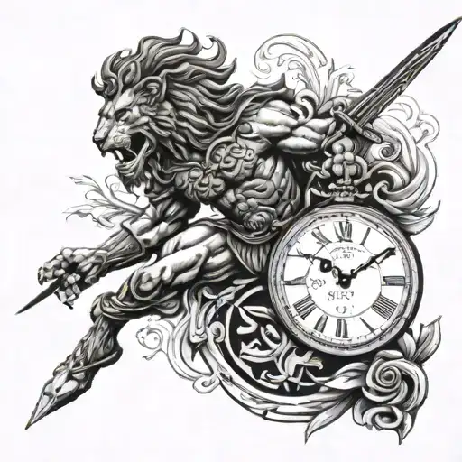 Greece spartan warrior, lion surrounded, cross tattoo, clock with 12:12 PM tattoo design idea