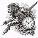 Greece spartan warrior, lion surrounded, cross tattoo, clock with 12:12 PM tattoo design idea