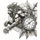 Greece spartan warrior, lion surrounded, cross tattoo, clock with 12:12 PM tattoo design idea
