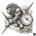 Greece spartan warrior, lion surrounded, cross tattoo, clock with 12:12 PM tattoo design idea