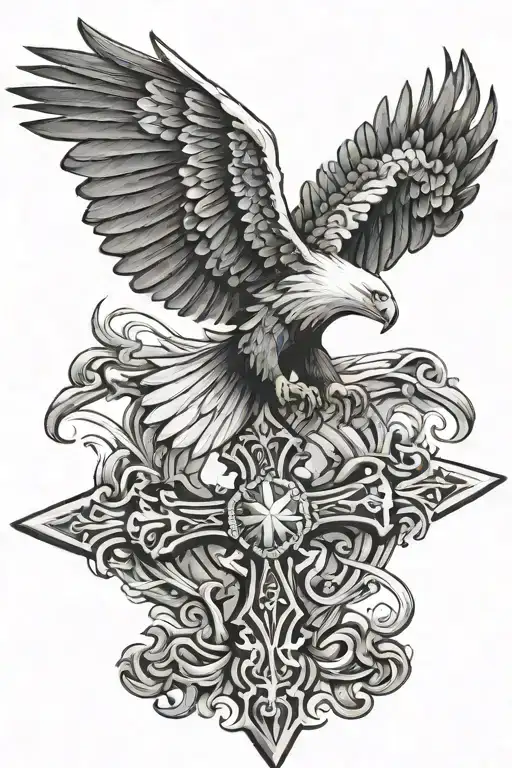 Cross with eagle soaring tattoo design idea