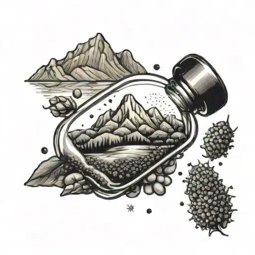 insulin vial with mustard seed and mountains inside of it. tattoo design idea