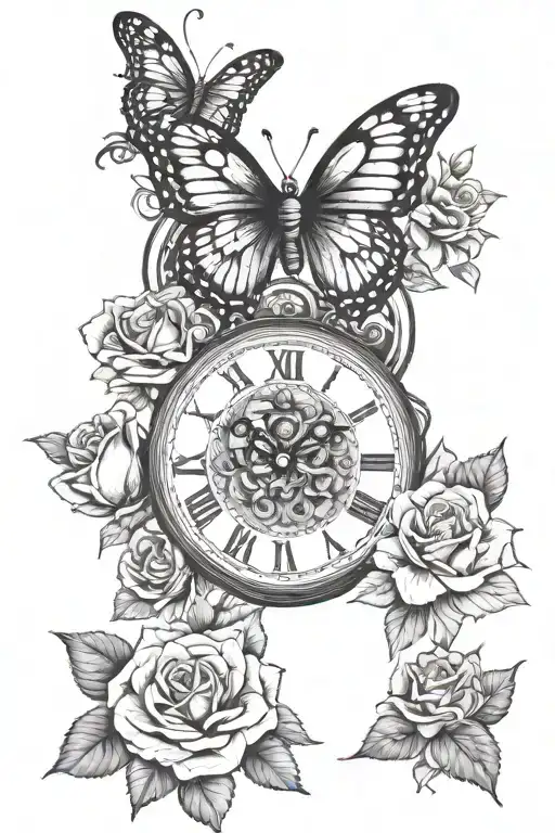 butterfly, clock, love, rose, self growth, family tattoo design idea