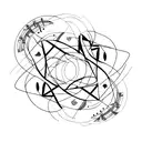An abstract representation of a boygenius album cover intertwined with musical instruments tattoo design idea