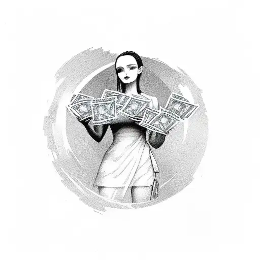 Feminine silhouette holding a stack of money tattoo design idea