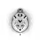An intricate heart-shaped lock with a keyhole, with a playful fox peeking out tattoo design idea