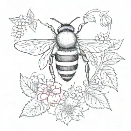 feminine bumblebee with raspberry vine tattoo design idea