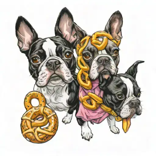 two boston terriers and a pretzel tattoo design idea