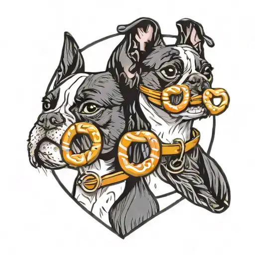 a minimalist style of two boston terriers and a pretzel tattoo design idea