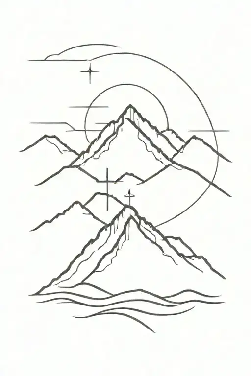 forearm tattoo of mountain with a cross on top with lines emphasizing the cross with lines as if it were glowing tattoo design idea